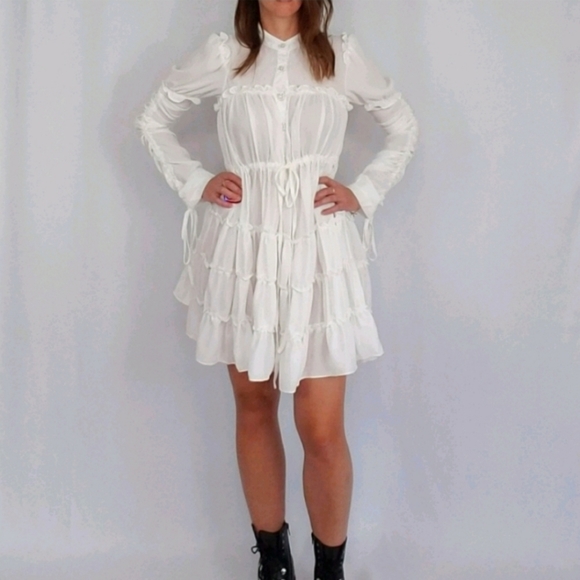 Ina Dresses & Skirts - Ina White Babydoll Long Sleeve Dress With Pearl and Rhinestone Buttons Medium